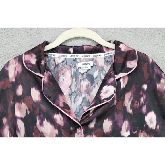 Jason Wu Short Sleeve Button-Up Satin Pajama Set-Medium-Drawstring-Pockets - Picture 13 of 16